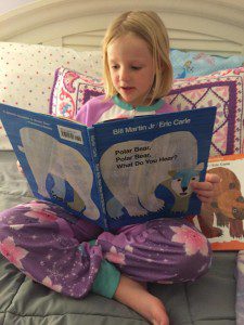 Ella, age 5, is reading Polar Bear, Polar Bear, What do you see? Another Eric Carle favorite