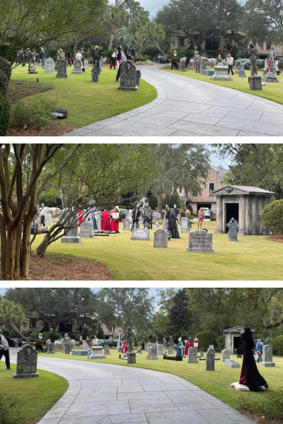 A yard filled with tombstones, demons, ghosts, and skeletons.