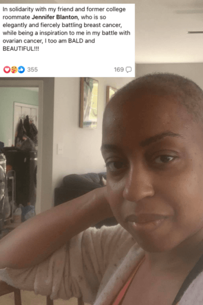 I Am More Afraid of Not Living Than I Am of Dying: a black woman poses with her shaved head. 