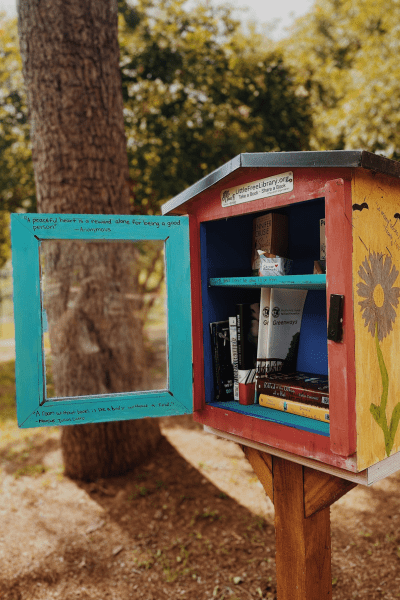 little free library box on a pedestal outside, colorfully painted with teal, red, and yellow with purple flowers. There are several books inside.