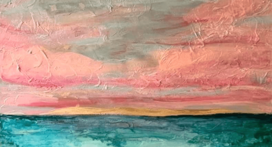 Local art entitled "Stay The Course" by Tara Kellner. A fluffy-looking sky with shades of pink, pale blue, and grays over a thin line of gold, runs into depths of blue colors.