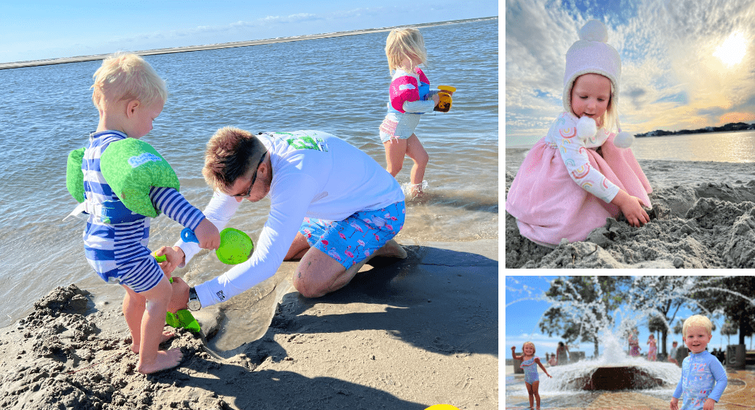 Relocating to Charleston: a collage of three photos. One photo is a dad with two young children playing in the sand at the beach. Another is of a little girl in a white and pink dress and winter hat playing in the sand. The third picture depicts two young children in swimsuits playing near an outdoor water fountain.