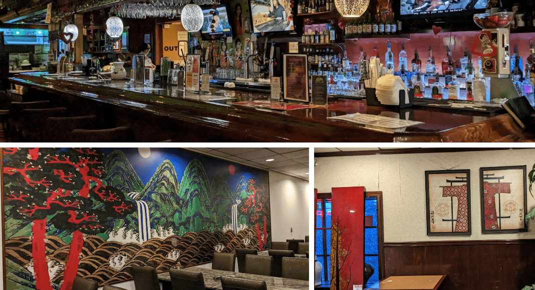 A collage showing a bar, Korean style painting, and hanbok traditional Korean dress in frames.