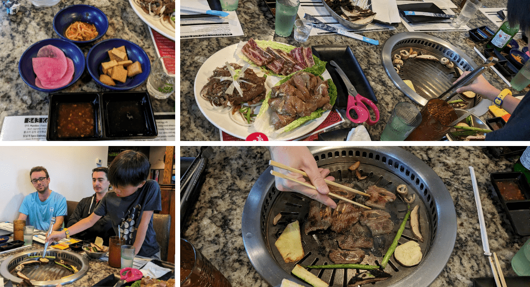 A collage depicting side vegetable dishes, uncooked meat on a plate next to a circular grill, a young boy helping to cook on the tabletop grill, and a hand holding chopsticks reaching for meat on the grill.