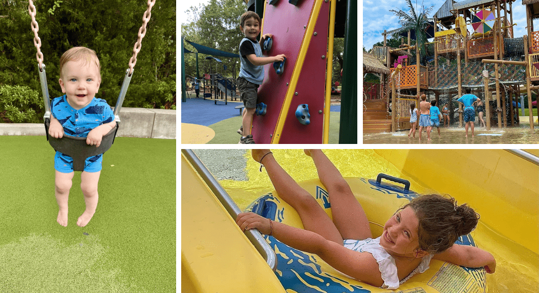 Curing summer boredom: a toddler in a swing, a preschooler climbing a rock wall, a picture of a large structure at a water park, and a girl sits on a tube waiting to go down water slide.