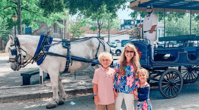 A perfect day in Charleston: a mother and two school-aged kids pose in front of a horse and carriage.