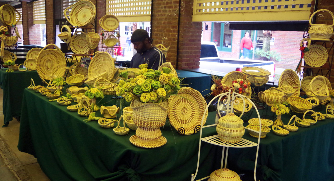 Sweetgrass baskets at a booth in the Charleston City Market