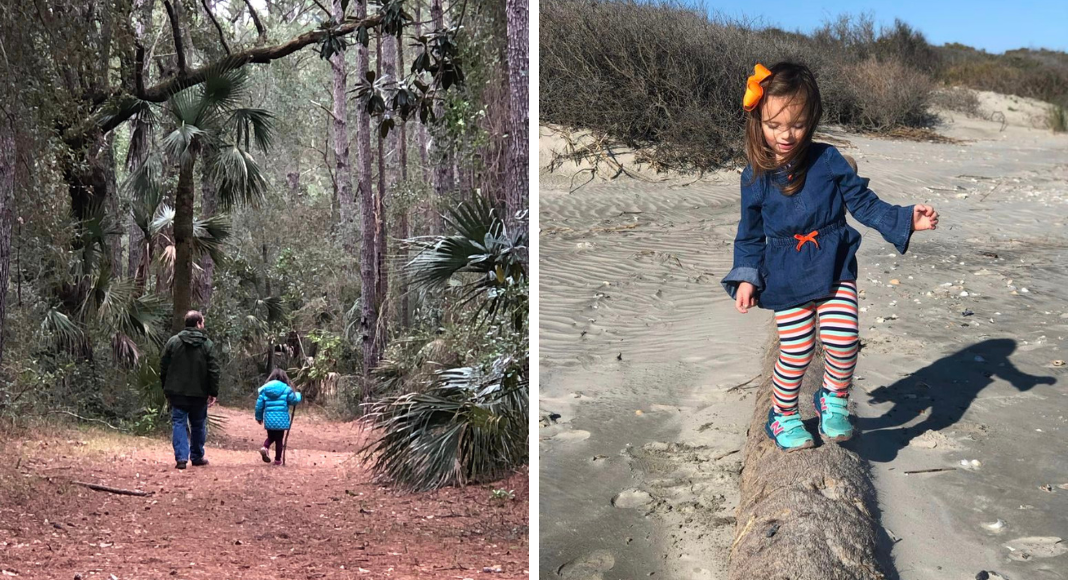 A little girl and her dad take a hike in the woods, and a little girl balances on a tree trunk on the ground.
