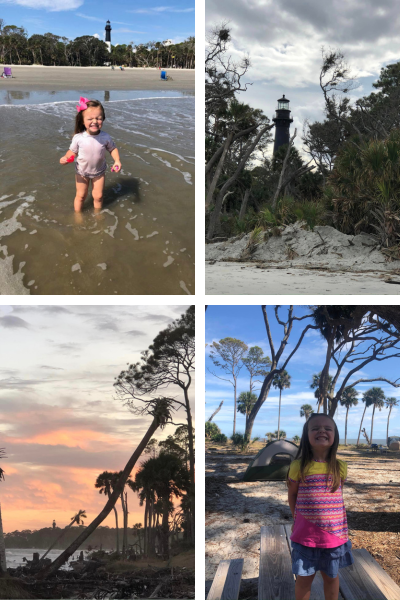 Hunting Island Lighthouse: a toddler ankle-deep in water with lighthouse in the background, plus other photos of landscape and a little girl in front of a camping tent.