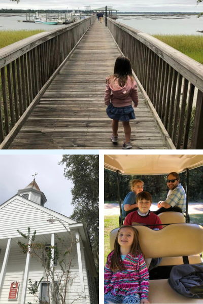 A little girl walking on a boardwalk, a white church, and a family in a golf cart.