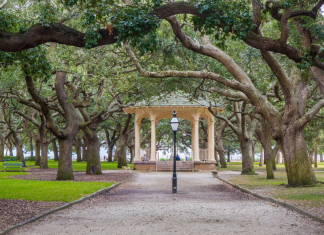 The gazebo surrounded by trees at White Point Gardens