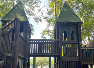 Two wooden tower structures at Gahagan park