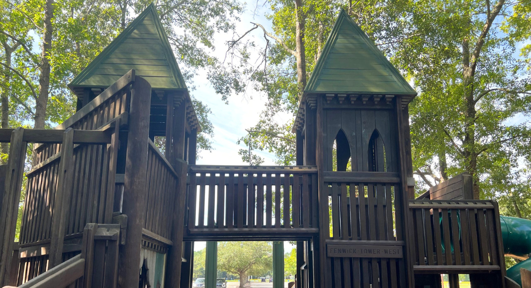 Two wooden tower structures at Gahagan park