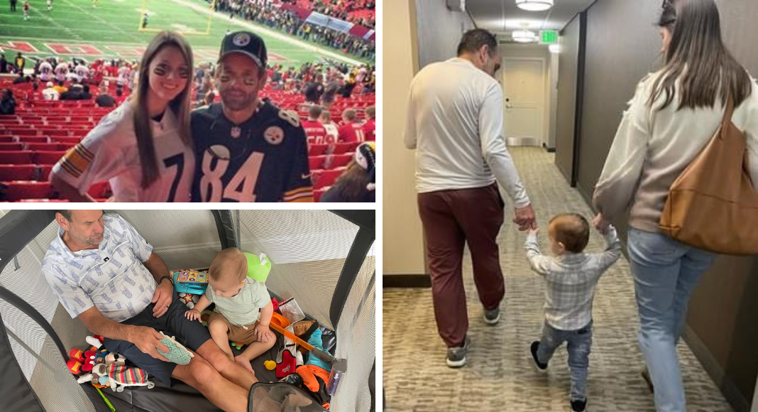 A series of stepfamily photos: at a football game, in a toddler's playpen, and walking down a hallway holding hands.