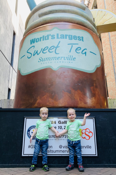 Two twin boys hold hands and stand in front of a giant mason jar of sweet tea in summerville.