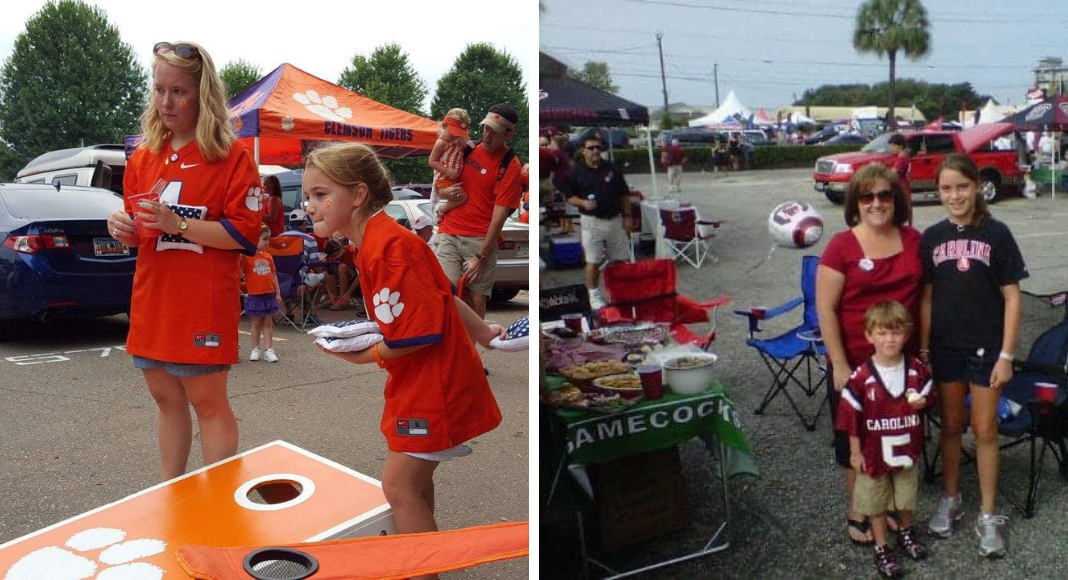 Left: a woman and girl dressed in Clemson orange play cornhole. Right: a woman and two kids dressed in Gamecock colors pose with lawn chairs behind them, tailgating with a table of food.