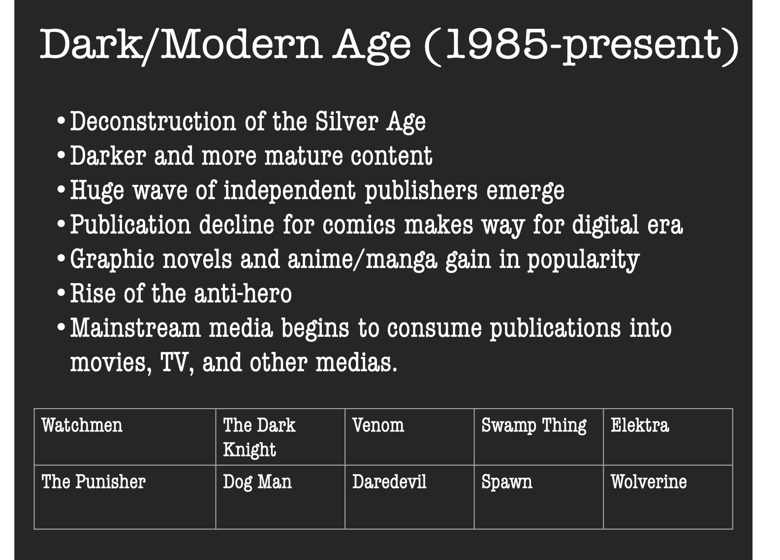 Comic books in the dark/modern age (1985-present)