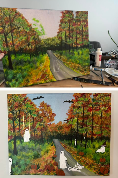 A before and after of a thrifted painting of fall foliage, with the addition of painted ghosts and bats.
