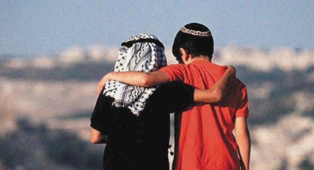 Palestinian boy and girl hug