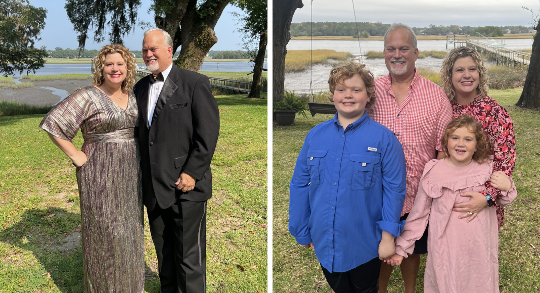 Left photo: Dr. Libby Infinger and her husband dressed up. Right photo: Dr. Infinger, her husband, and two children.