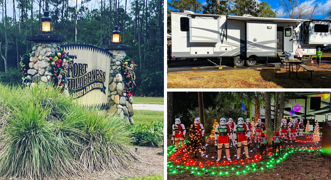 Break holiday traditions: photos of an RV and Christmas decorations amongst it