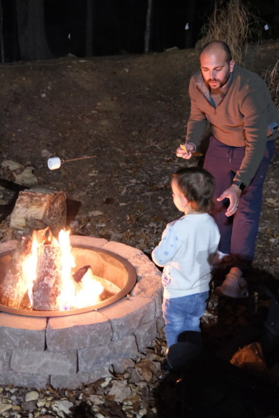 A dad and toddler roast a marshmallow outside over a campfire.