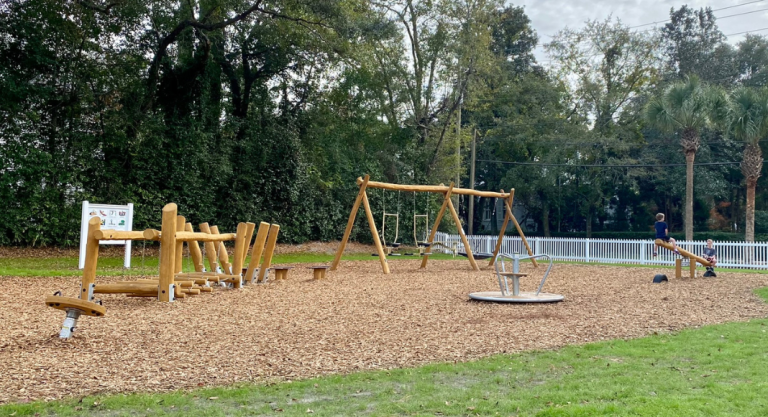 Swings and other equipment at Huger playground.