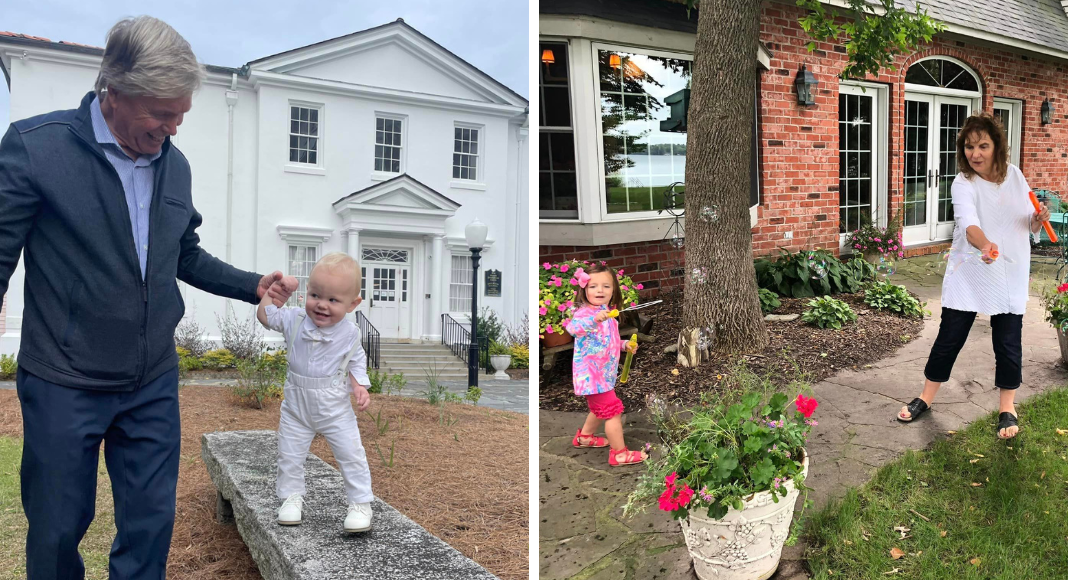 Left: a grandfather holds his toddler grandson's hand as he walks along a short ledge. Right: a grandmother blows bubbles with her granddaughter outside.