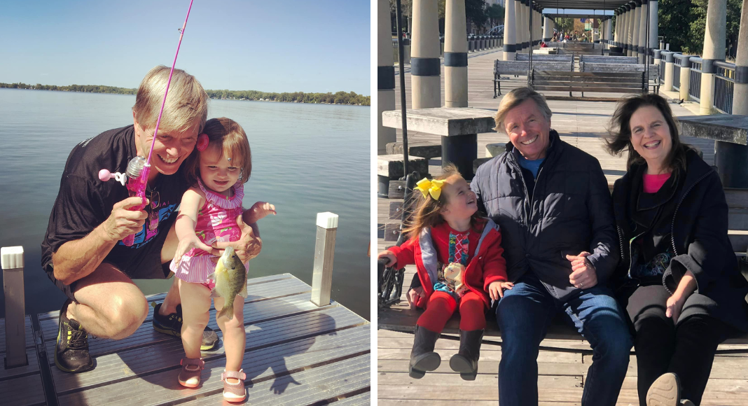 Grandparenting: Left: a grandfather fishes with his toddler granddaughter. Right: Grandparents sit with their granddaughter on the swing at the Charleston pier.