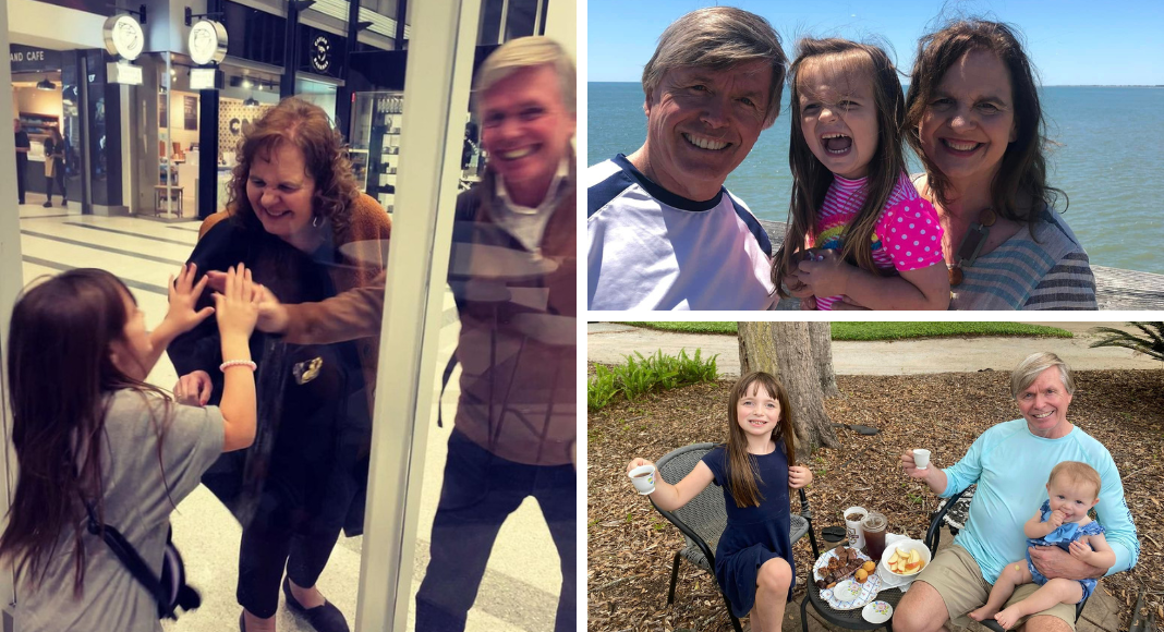 Left: grandparents greet their young granddaughter through the glass at the airport. Top right: grandparents hold her granddaughter at the beach. Botton right: a grandfather sits with his two young grandkids eating a meal outside.