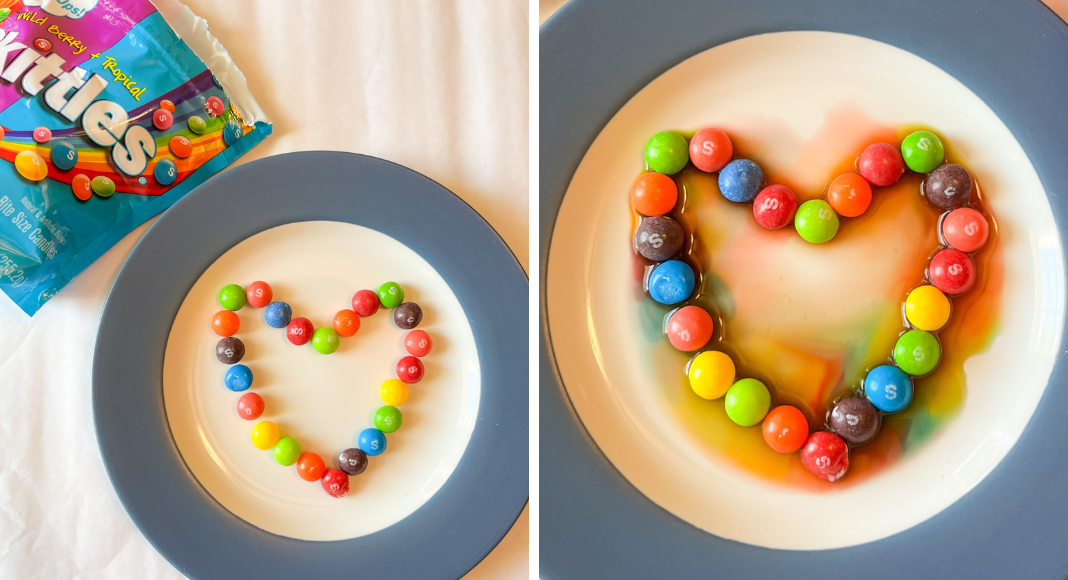 Skittles in the form of a heart in a dish.