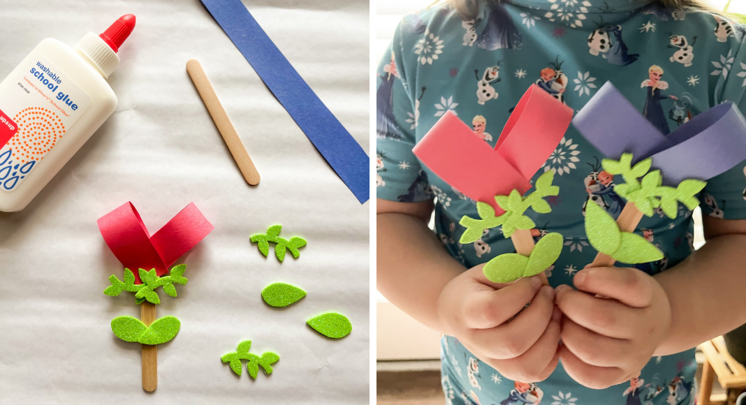 Valentine's Day Crafts Heart shaped paper flowers on popsicle sticks.