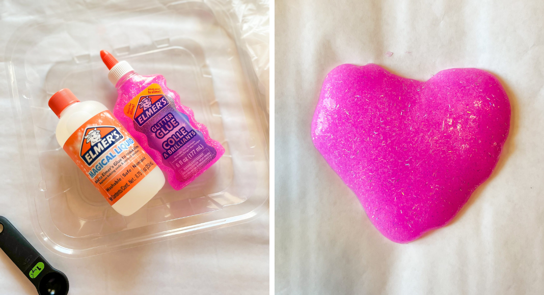 Supplies and final product for bright pink and sparkly slime.