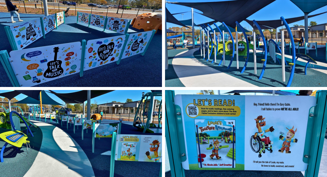 Music and story board signs, large chimes and other musical equipment at Park Circle Playground.