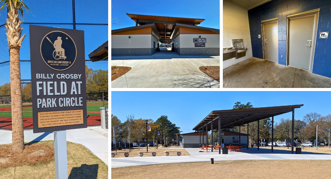 Images of a baseball field, pavilion with picnic tables, and restroom facilities.