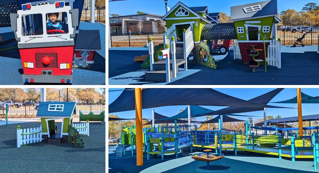 Small playground structures at Park Circle Playground: a firetruck, house, grocery store, and basic climbing structure with ramps and slides.