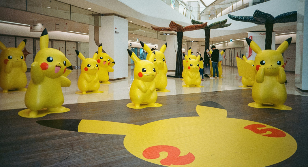 A gallery of Pikachu statues.