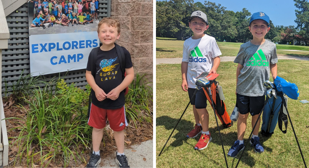 Summer Camp sign-up: Left: a young boy poses in front of a summer camp poster. Right: two young boys pose in a green field with sport equipment.