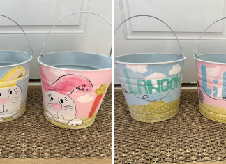 Two Easter baskets, shown front and back with painted bunnies and children's names on them.