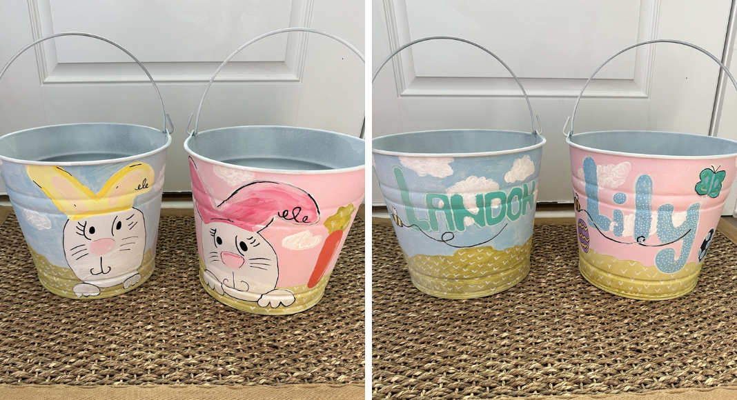 Two Easter baskets, shown front and back with painted bunnies and children's names on them.