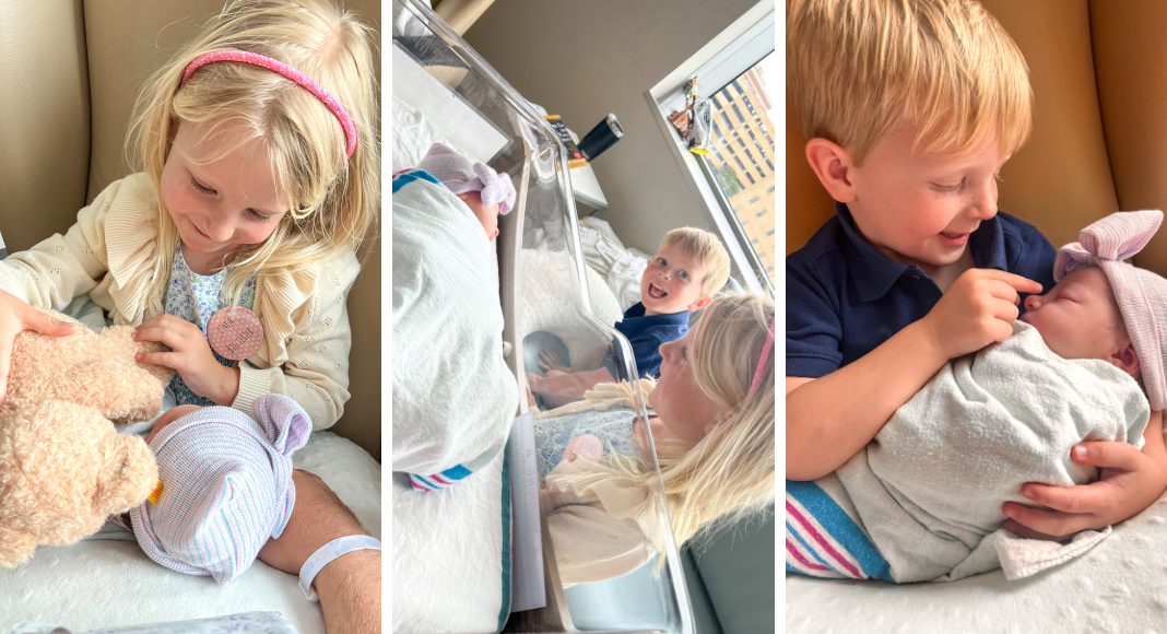 Third Child: Three photos of older toddler siblings holding their baby sister.