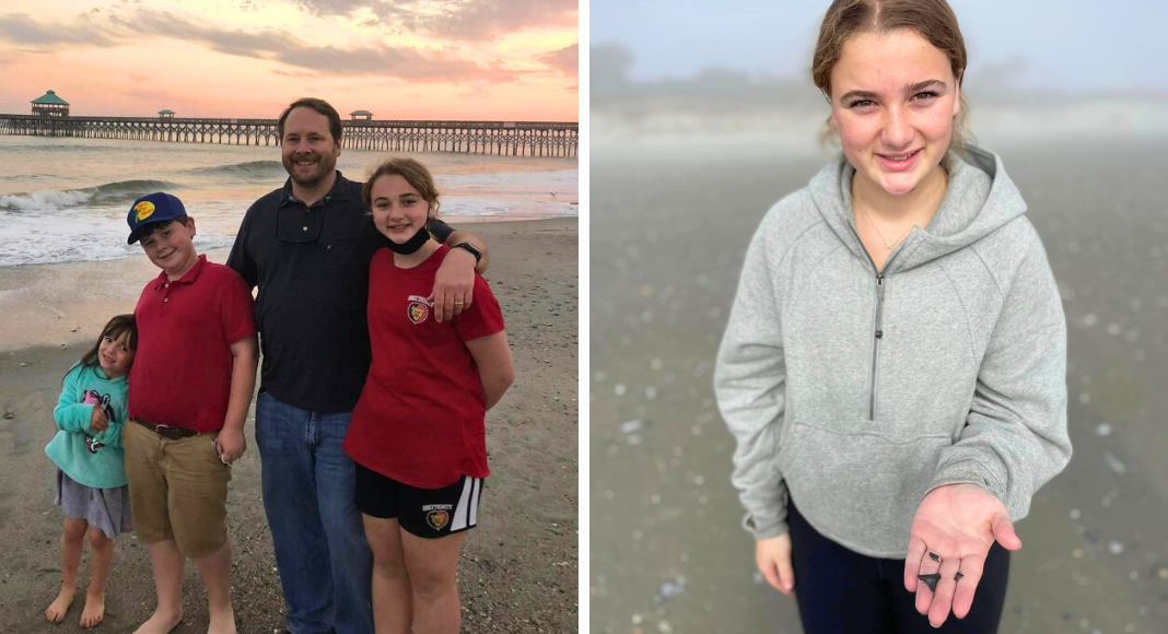 Things to do in Charleston with teens: a family poses together on a beach at sunset, and a teen girl holds a few shark teeth in her hand at the beach.