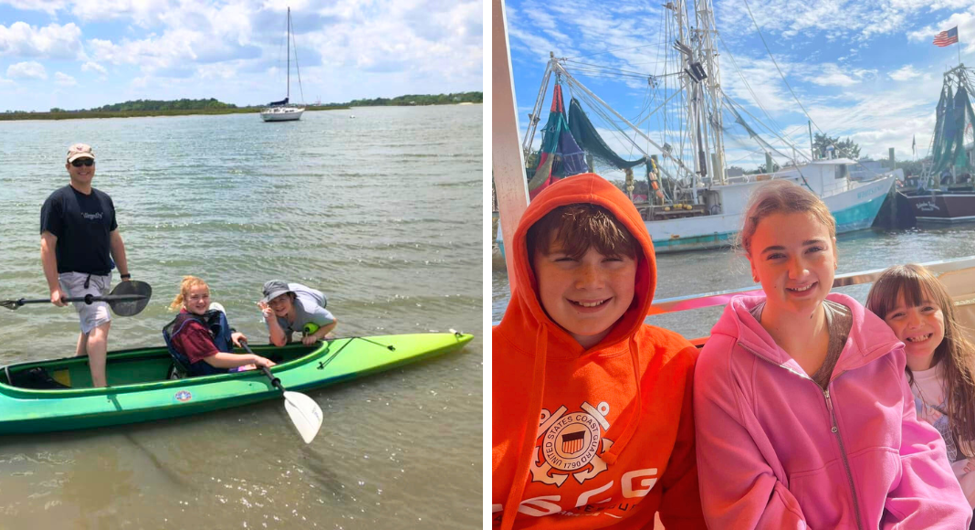 Things to do in Charleston with teens: a family smiles on a kayak, and three kids smile while on a boat.