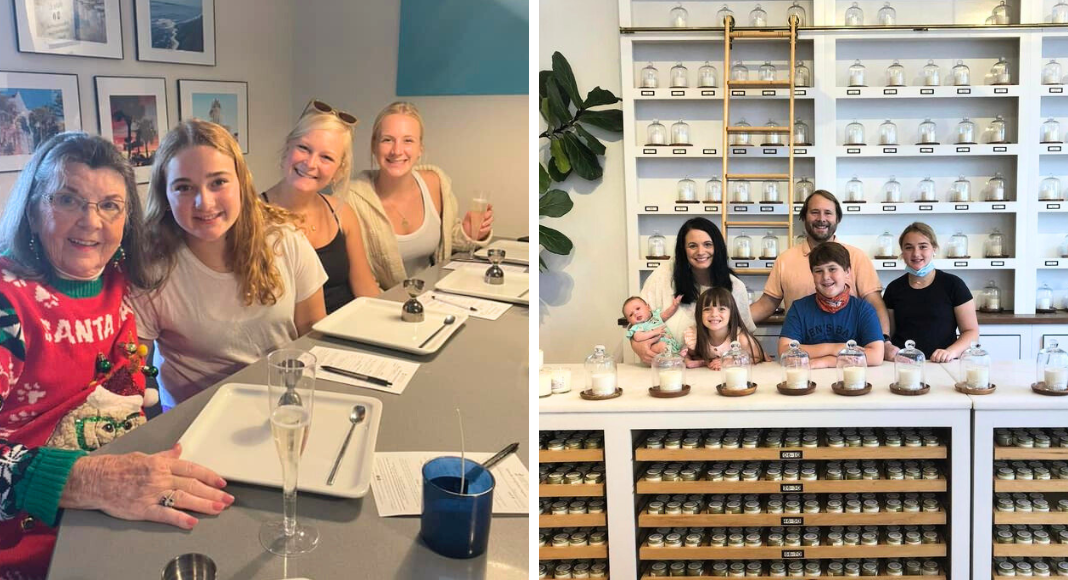 Things to do in Charleston with teens: women pose together in a candle-making class, and a family poses together at another candle making class.