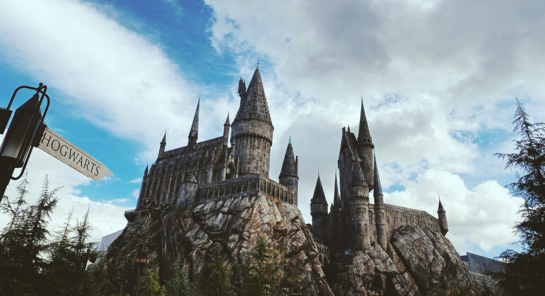 Hogwarts with a cloudy blue sky in the background.