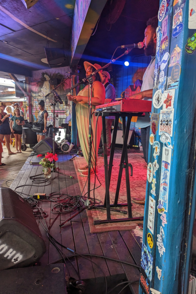 James Island Date Ideas: a band performing on a stage at a restaurant.