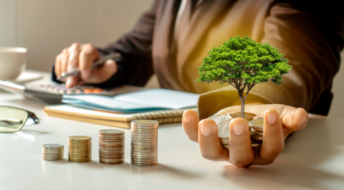 Investing money: a woman holds coins that have an imaginary tree sprouting from them.